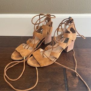 brown suede lace up heeled sandals